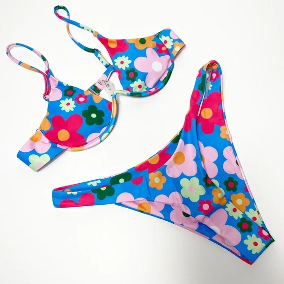 SHEIN Colorful Flower Print Blue Women Two Piece Bikini Size Large - Picture 1 of 4